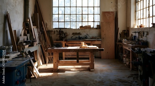 Sunlit woodworking workshop with wooden workbenches  tools  and lumber stacked against walls near large