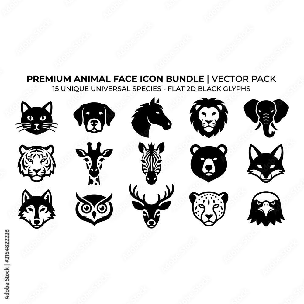 Fototapeta premium Set of fifteen flat black animal face icons featuring various wildlife species for modern graphic design projects