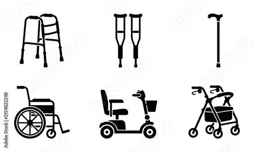 Set of black silhouette icons representing various mobility aids for elderly people and patients with physical disabilities
