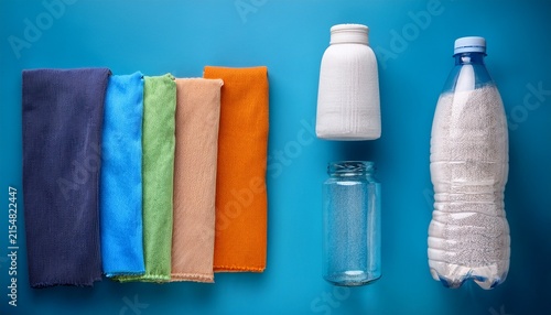 empty plastic bottle and various fabrics made of recycled polyester fiber synthetic fabric on a blue background