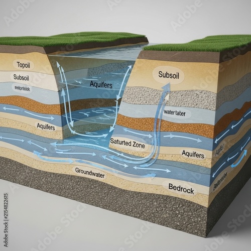 Cross section of underground water aquifer layers.