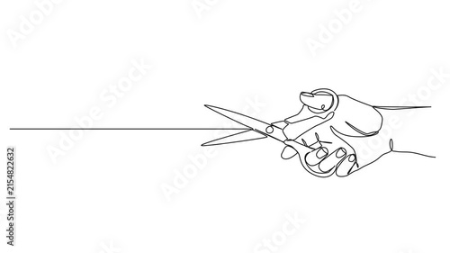 animated continuous line drawing of a hand holding scissors cutting along a straight line, line art animation