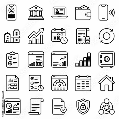 Fintech Digital Banking Mobile Payment and Financial Services Line Icon Set