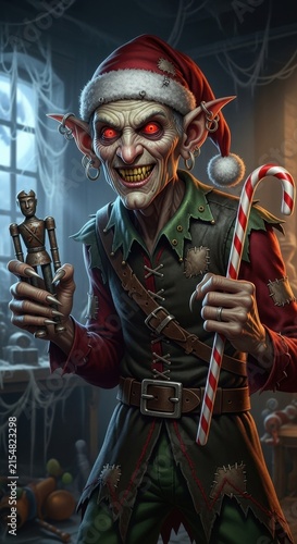 Creepy Elf Holding Candy Canes in Dark Workshop.