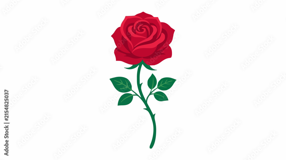 Fototapeta premium Beautiful single rose blossom with graceful petals and stem, minimalist flat vector artwork, vibrant colors, isolated on white background.