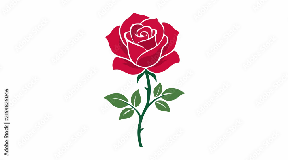 Fototapeta premium Beautiful single rose blossom with graceful petals and stem, minimalist flat vector artwork, vibrant colors, isolated on white background.