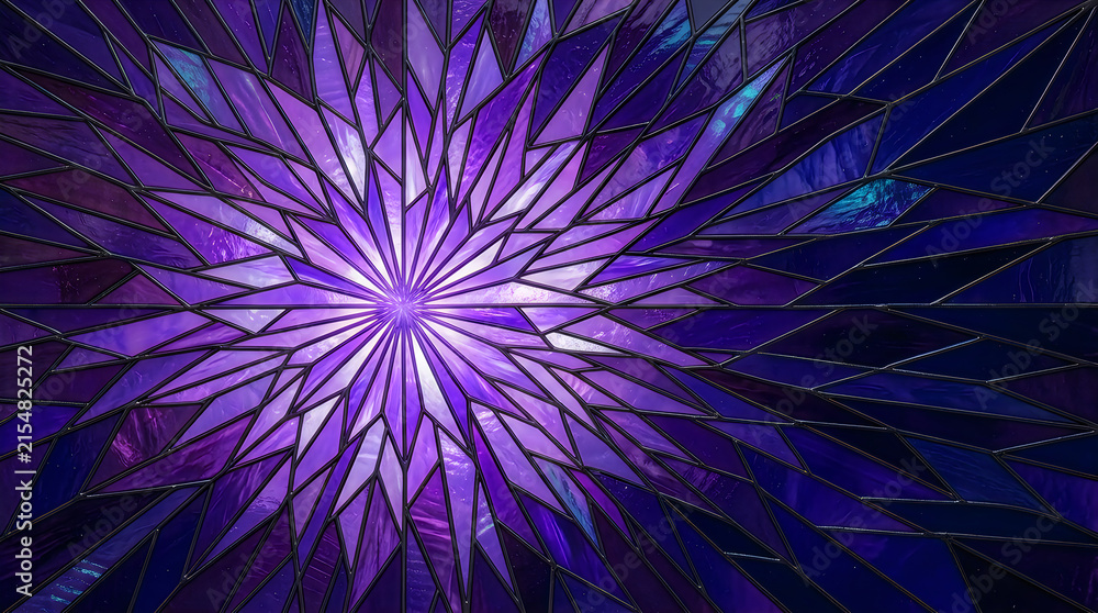 Obraz premium Abstract geometric stained glass pattern glowing with purple and blue hues