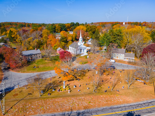 Принти на полотні Old Douglas Town Common and First Congregational Church aerial view in fall with foliage in historic town center of Douglas, Massachusetts MA, USA