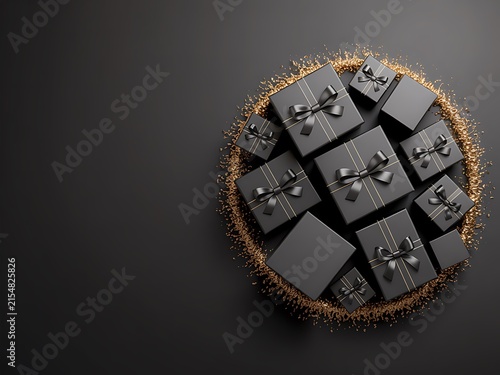 Elegant black gift boxes arranged in circular pattern with gold glitter effect