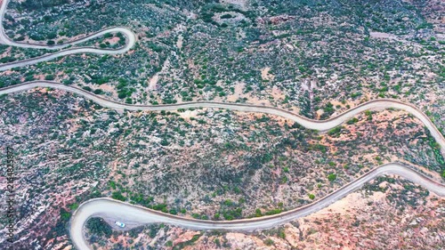 Aerial of winding dirt road mountain pass, Swartberg pass, South Africa
