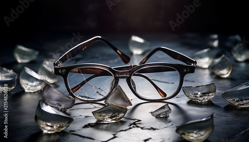 broken eyeglasses scattered on dark marble floor with dramatic lighting