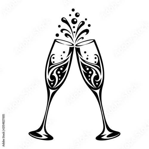Elegant Black and White Champagne Glasses Toast with Ornamental Floral Swirls and Decorative Bubbles Vector Illustration