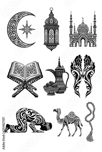 Islamic and Arabian Cultural Silhouette Collection with Crescent Moon, Lantern, Mosque, Quran, Dallah Coffee Pot, Camel and Ornamental Motifs