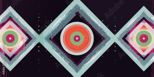 Geometric diamond pattern with concentric circles and textured edges