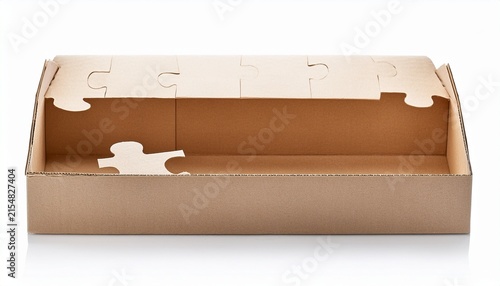 open empty cardboard puzzle packaging box isolated on white background
