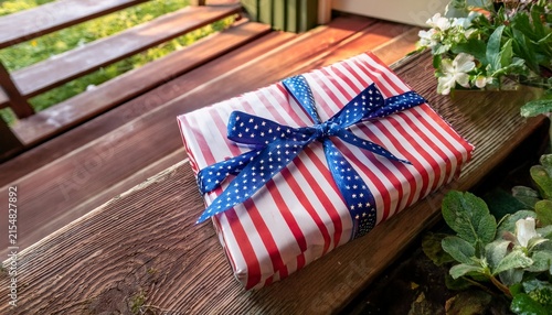 patriotic gift box with ribbon on rustic farmhouse porch