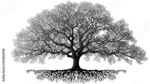 Detailed black tree silhouette with sprawling bare branches and exposed root system illustration