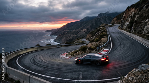 Sports car driving on winding mountain road at sunset with ocean view