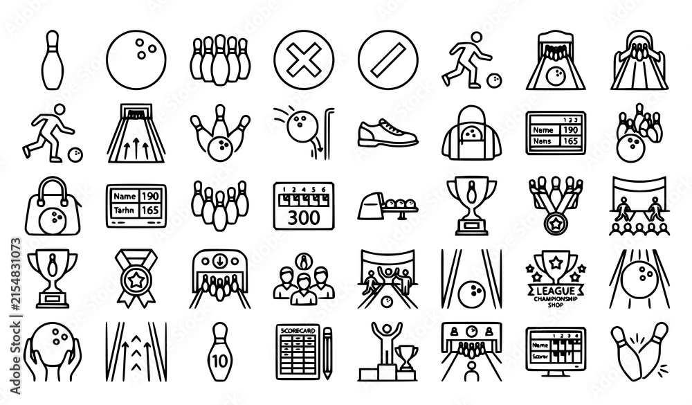 Fototapeta premium Bowling Line Art Icon Pack Featuring Ball Pin Lane Sports and Competition Elements