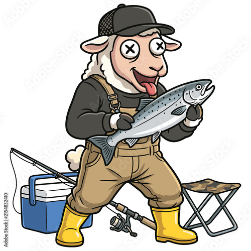 Funny cartoon sheep character fishing with a big catch, vector illustration