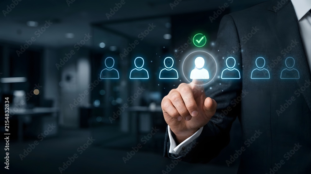 Obraz premium A skilled business professional engages with a cutting edge digital interface showcasing important data and analytics within a contemporary office setting