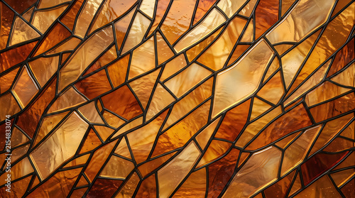 Golden amber stained glass pattern with dark lead lines during warm backlighting
