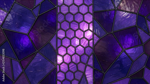 Abstract geometric stained glass pattern with purple hues and honeycomb texture