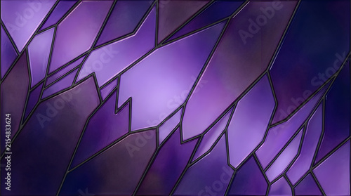 Abstract stained glass pattern with deep purple and violet hues and geometric shapes