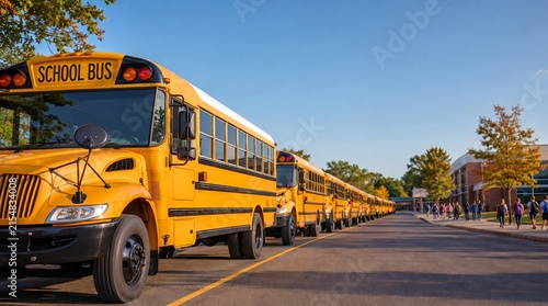 A long line of classic yellow school buses parked outside a modern school building on a sunny day. Students walking on the campus sidewalk in the background. Back to school and student transportation 