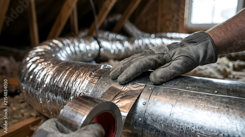 HVAC professional sealing air duct seams | Applying foil tape to residential ductwork | Energy efficient home attic insulation repair | Professional heating and cooling maintenance