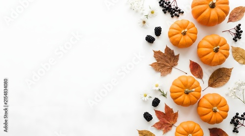 Autumn background with small orange pumpkins and colorful fall leaves on a white surface