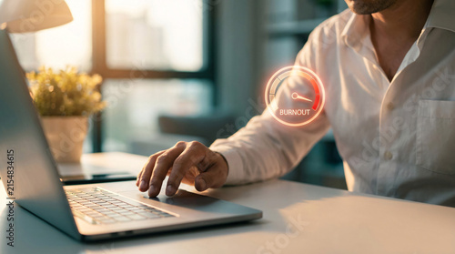 Man working on laptop with glowing speed indicator on screen, digital performance dashboard, data analysis concept