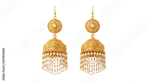 Exquisite gold jhumka earrings, traditional Indian jewelry with intricate filigree, elegant pearl drops, and a luxurious golden finish, perfect for cultural celebrations and fashion. isolated