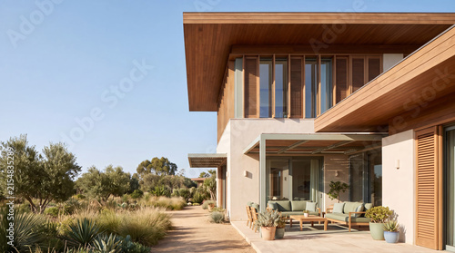 Modern wooden house with lush landscaping and outdoor seating area under a clear blue sky