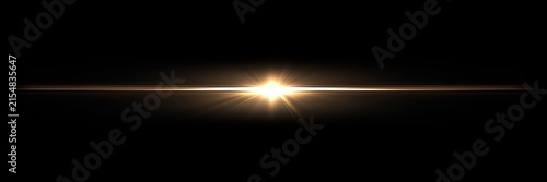 Golden yellow lens flare beam on a black background with abstract isolated contrast luminous radiance illumination sunlight intensity reflection