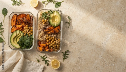 Two transparent meal prep containers filled with healthy food and fresh ingredients