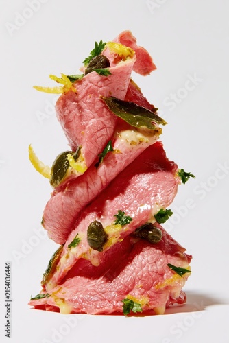 Vitello Tonnato Close Up Stack on White Background