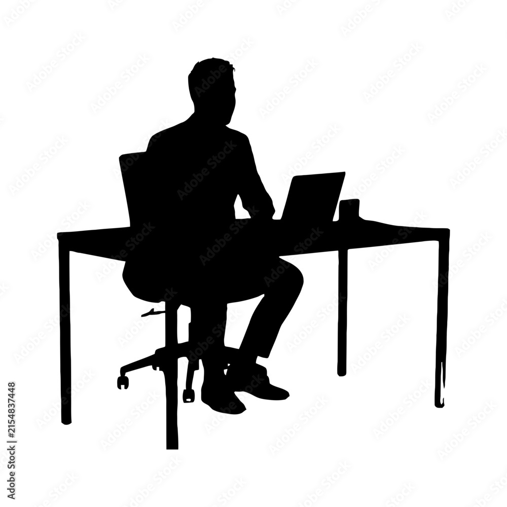 Fototapeta premium Silhouette of person working on laptop at desk with chair isolated on transparent background, Vector