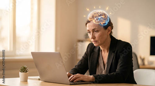 Woman thinking with glowing digital brain hologram over head, working on laptop computer in office setting, conveying intelligence and innovation