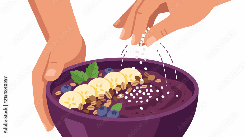 Obraz premium Authentic Brazilian Açaí Bowl Preparation with Fresh Toppings and Granola Sprinkled by Hand Brazilian açaí production chain