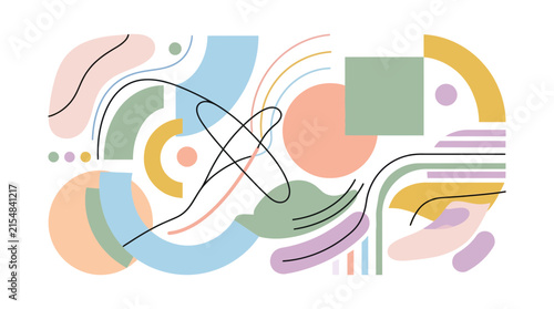 Minimalist abstract geometric composition with pastel shapes and lines.