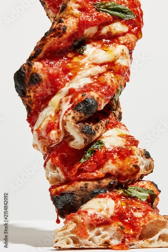 Margherita Pizza Balanced Tower on White Background