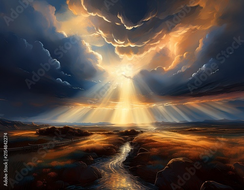 sunbeams breaking through dramatic storm clouds creating an ethereal sky atmosphere