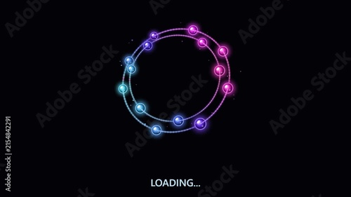 Neon Loading Circle Animation with Glowing Particles Rotating on Black