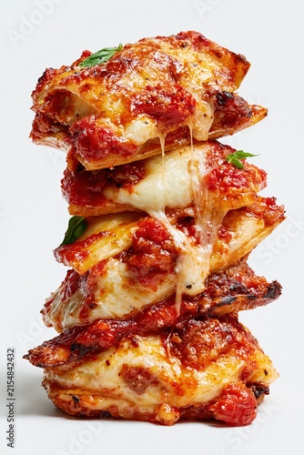 Lasagna Bolognese Leaning Stack on White Background