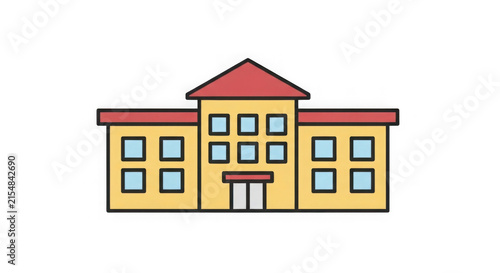 Modern two-story yellow house with red roof and symmetrical windows isolated on transparent background