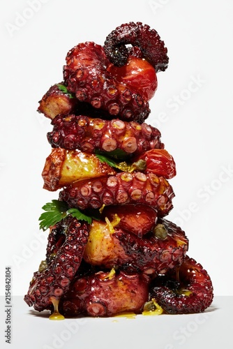 Grilled Octopus Layered Column on White Background