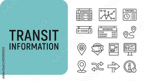 Hand Drawn Transit Information Line Icon Set for Public Transportation and Travel Navigation.