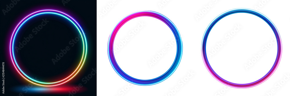 Obraz premium Set of A modern glowing neon circle made from flexible luminous tubing, bright multicolor illumination, soft atmospheric glow and realistic reflections on transparent png background. Ai generated