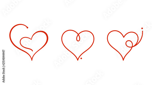 Red Continuous Line Heart Love Valentine Set Vector Illustration